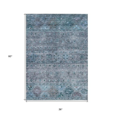 Homeroots 3' Blue And Gray Floral Washable Indoor Outdoor Area Rug – Durable, Stylish, Perfect For Any Space 3' X 5' Polyester 606194