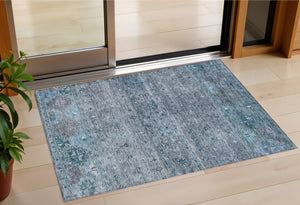 Homeroots 3' Blue And Gray Floral Washable Indoor Outdoor Area Rug – Durable, Stylish, Perfect For Any Space 3' X 5' Polyester 606194