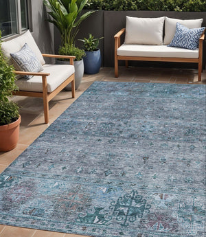Homeroots 3' Blue And Gray Floral Washable Indoor Outdoor Area Rug – Durable, Stylish, Perfect For Any Space 5' X 8' Polyester 606195