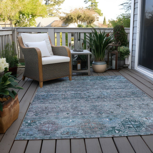 Homeroots 3' Blue And Gray Floral Washable Indoor Outdoor Area Rug – Durable, Stylish, Perfect For Any Space 5' X 8' Polyester 606195