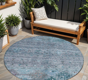 Homeroots 3' Blue And Gray Floral Washable Indoor Outdoor Area Rug – Durable, Stylish, Perfect For Any Space 8' Round Polyester 606196