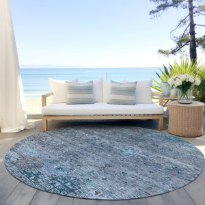 Homeroots 3' Blue And Gray Floral Washable Indoor Outdoor Area Rug – Durable, Stylish, Perfect For Any Space 8' Round Polyester 606196