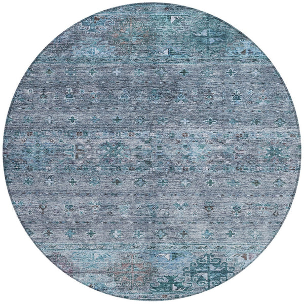 Homeroots 3' Blue And Gray Floral Washable Indoor Outdoor Area Rug – Durable, Stylish, Perfect For Any Space 8' Round Polyester 606196
