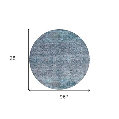 Homeroots 3' Blue And Gray Floral Washable Indoor Outdoor Area Rug – Durable, Stylish, Perfect For Any Space 8' Round Polyester 606196