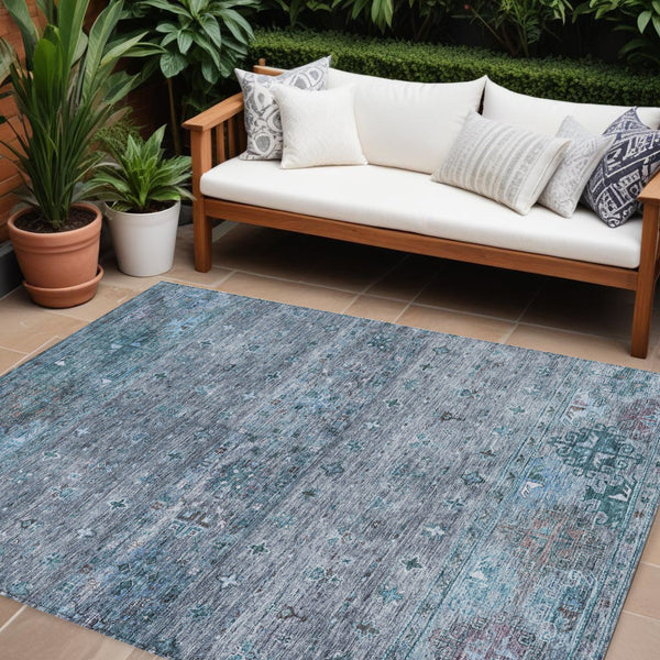 Homeroots 3' Blue And Gray Floral Washable Indoor Outdoor Area Rug – Durable, Stylish, Perfect For Any Space 8' X 10' Polyester 606197