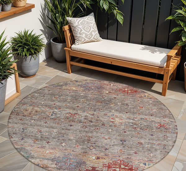 Homeroots 3' Blue And Gray Floral Washable Indoor Outdoor Area Rug – Durable, Stylish, Perfect For Any Space 8' Round Polyester 606202