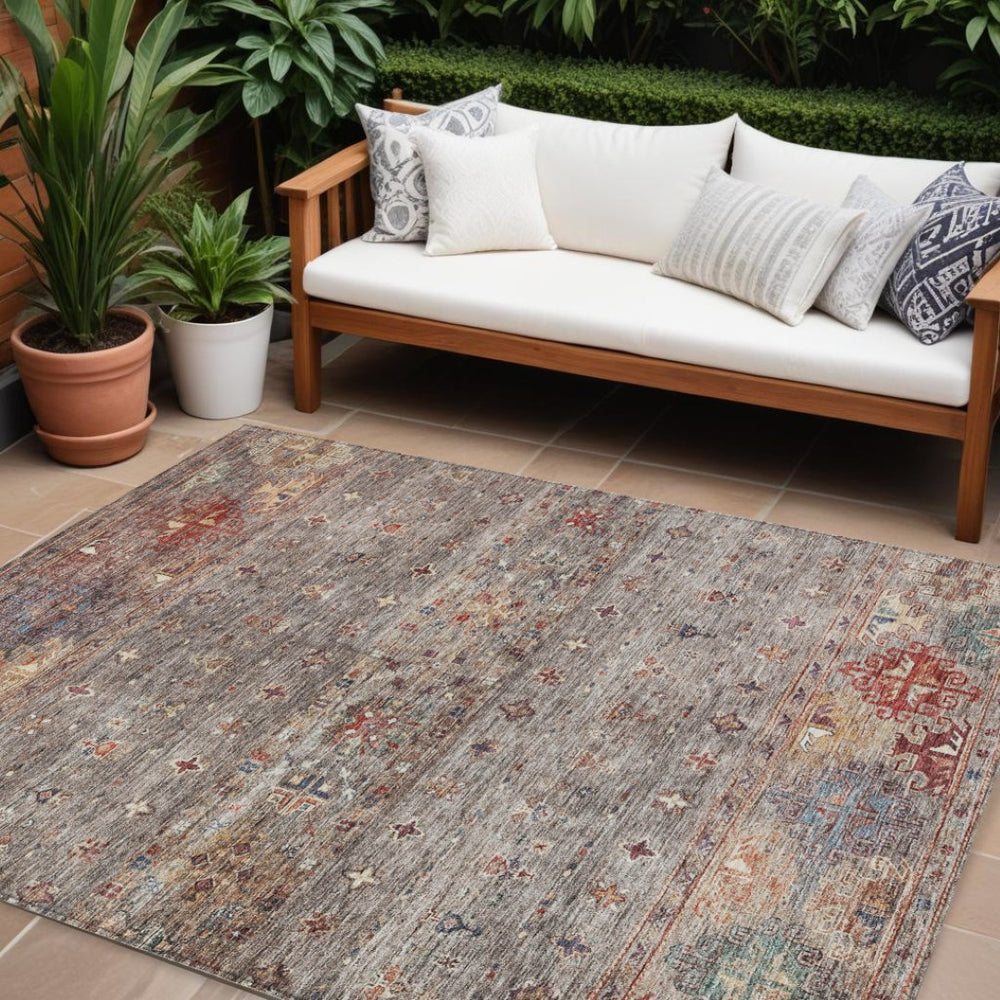 HomeRoots 9' Washable Floral Area Rug for Indoor & Outdoor Use - Gray, Tan, Terra Cotta - Durable & Stylish! 606204