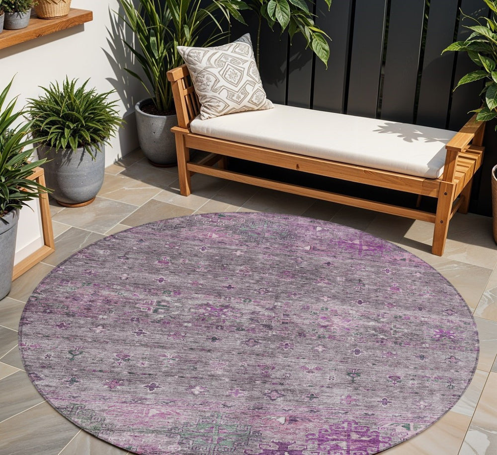 HomeRoots 5' Transform Your Space with a Durable Purple and Gray Floral Area Rug - Washable & Versatile Design 8' Round 606208