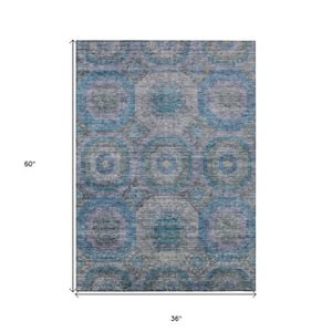 Homeroots 3' Blue And Gray Geometric Washable Area Rug - Stylish Indoor/Outdoor Decor For Any Space 3' X 5' Polyester 606224