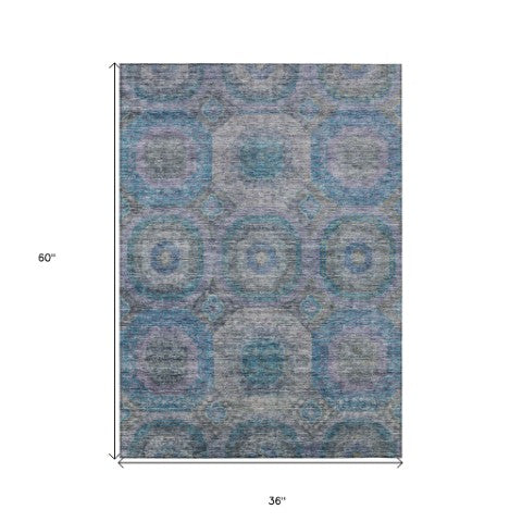 Homeroots 3' Blue And Gray Geometric Washable Area Rug - Stylish Indoor/Outdoor Decor For Any Space 3' X 5' Polyester 606224
