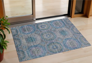 Homeroots 3' Blue And Gray Geometric Washable Area Rug - Stylish Indoor/Outdoor Decor For Any Space 3' X 5' Polyester 606224