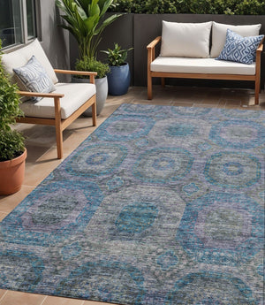Homeroots 3' Blue And Gray Geometric Washable Area Rug - Stylish Indoor/Outdoor Decor For Any Space 5' X 8' Polyester 606225
