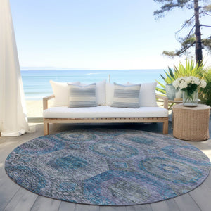 Homeroots 3' Blue And Gray Geometric Washable Area Rug - Stylish Indoor/Outdoor Decor For Any Space 8' Round Polyester 606226