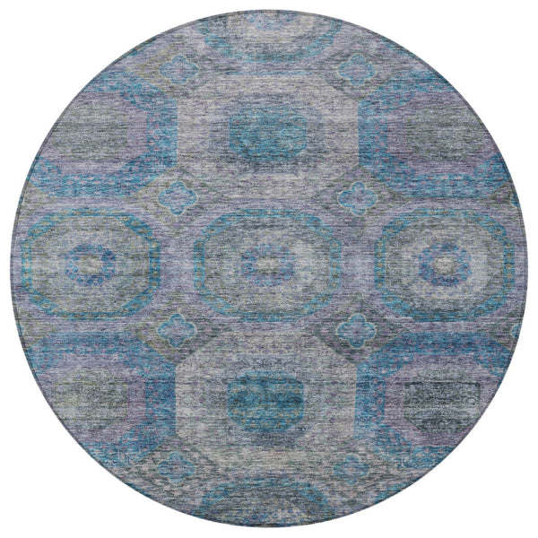 Homeroots 3' Blue And Gray Geometric Washable Area Rug - Stylish Indoor/Outdoor Decor For Any Space 8' Round Polyester 606226