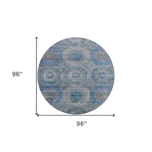 Homeroots 3' Blue And Gray Geometric Washable Area Rug - Stylish Indoor/Outdoor Decor For Any Space 8' Round Polyester 606226