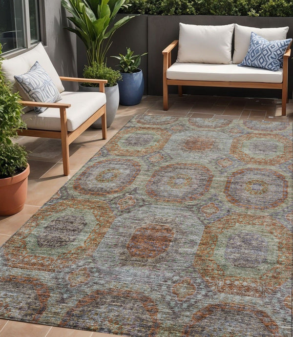 Homeroots 3' Blue And Gray Geometric Washable Area Rug - Stylish Indoor/Outdoor Decor For Any Space 5' X 8' Polyester 606237