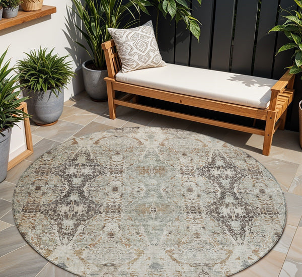 Homeroots 3' Stylish Black And Brown Floral Washable Area Rug For Indoor And Outdoor Spaces, Durable & Elegant 8' Round Polyester 606244