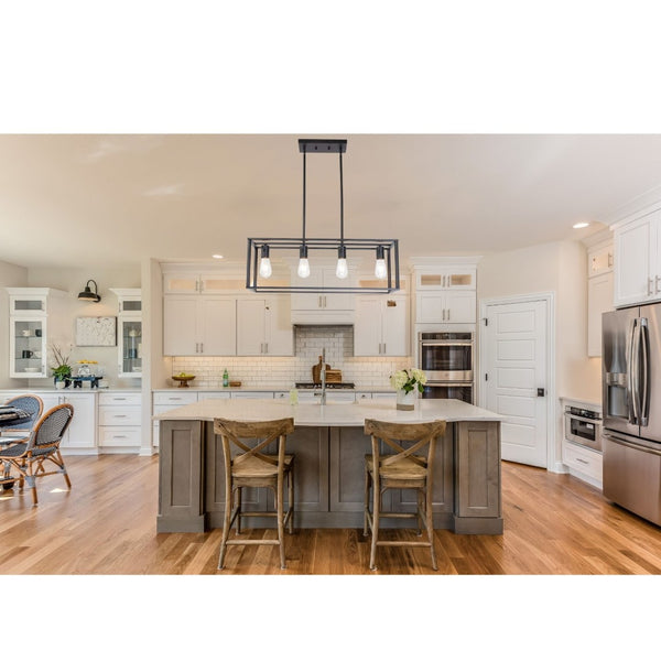 HomeRoots Black Metal Four-Light Caged Pendant Light - Stylish Industrial Fixture for Kitchen or Dining Spaces 606248