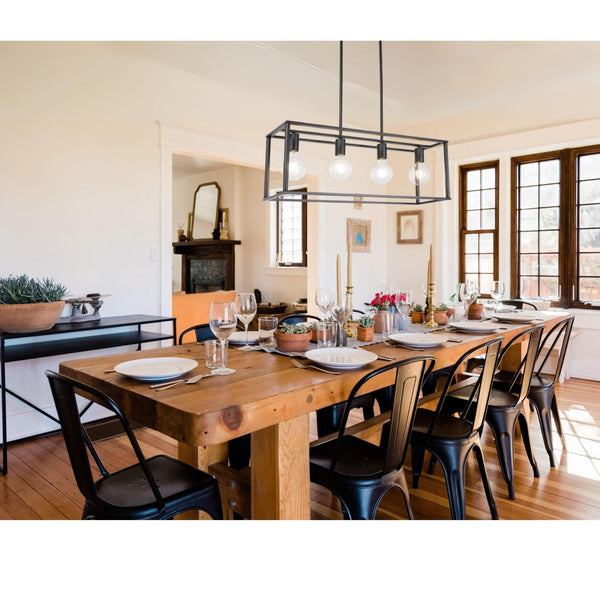 HomeRoots Black Metal Four-Light Caged Pendant Light - Stylish Industrial Fixture for Kitchen or Dining Spaces 606248