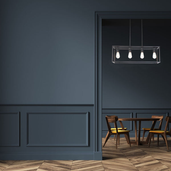 HomeRoots Black Metal Four-Light Caged Pendant Light - Stylish Industrial Fixture for Kitchen or Dining Spaces 606248