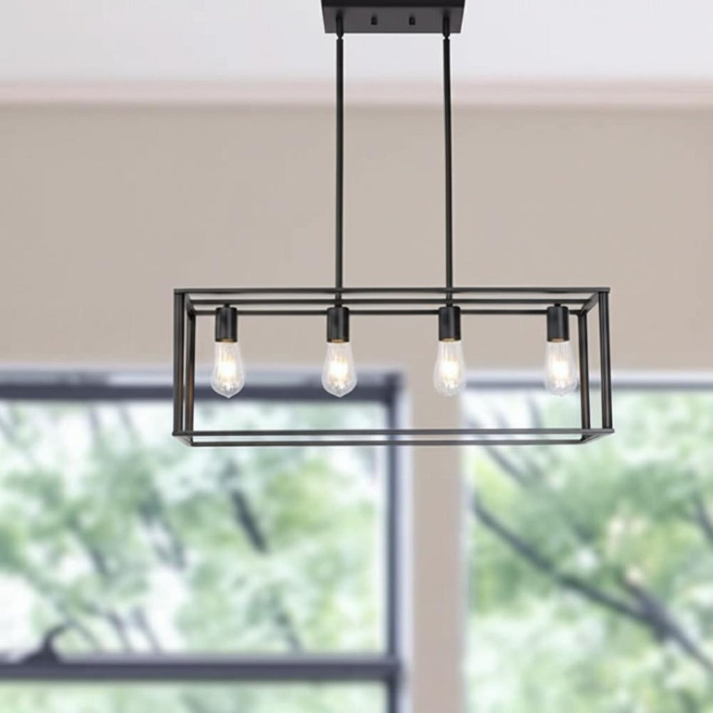 HomeRoots Black Metal Four-Light Caged Pendant Light - Stylish Industrial Fixture for Kitchen or Dining Spaces 606248