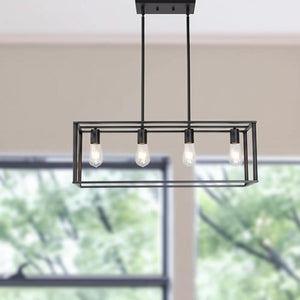 HomeRoots Black Metal Four-Light Caged Pendant Light - Stylish Industrial Fixture for Kitchen or Dining Spaces 606248