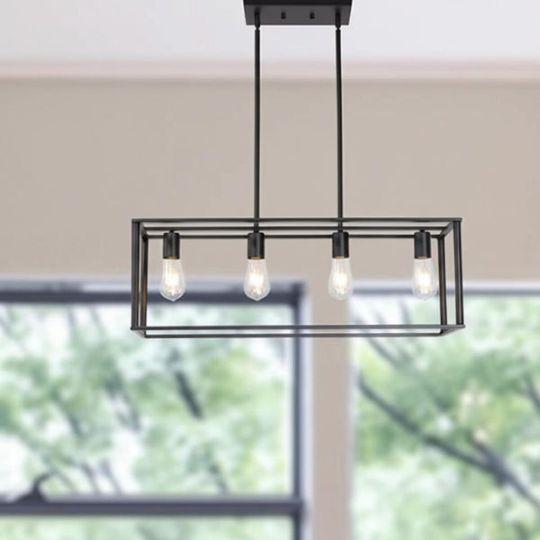 HomeRoots Black Metal Four-Light Caged Pendant Light - Stylish Industrial Fixture for Kitchen or Dining Spaces 606248