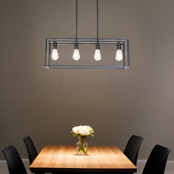 HomeRoots Black Metal Four-Light Caged Pendant Light - Stylish Industrial Fixture for Kitchen or Dining Spaces 606248