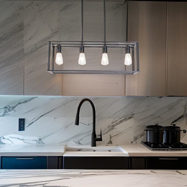 HomeRoots Black Metal Four-Light Caged Pendant Light - Stylish Industrial Fixture for Kitchen or Dining Spaces 606248