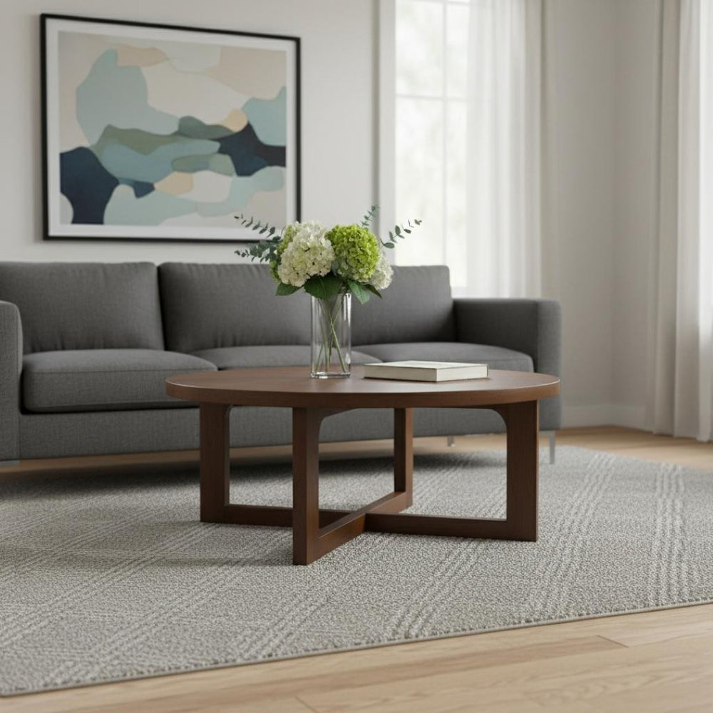 HomeRoots 36" Brown Solid Wood Round Coffee Table with Cross Legs - Timeless Design for Any Space! 606250