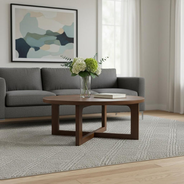 HomeRoots 36" Brown Solid Wood Round Coffee Table with Cross Legs - Timeless Design for Any Space! 606250