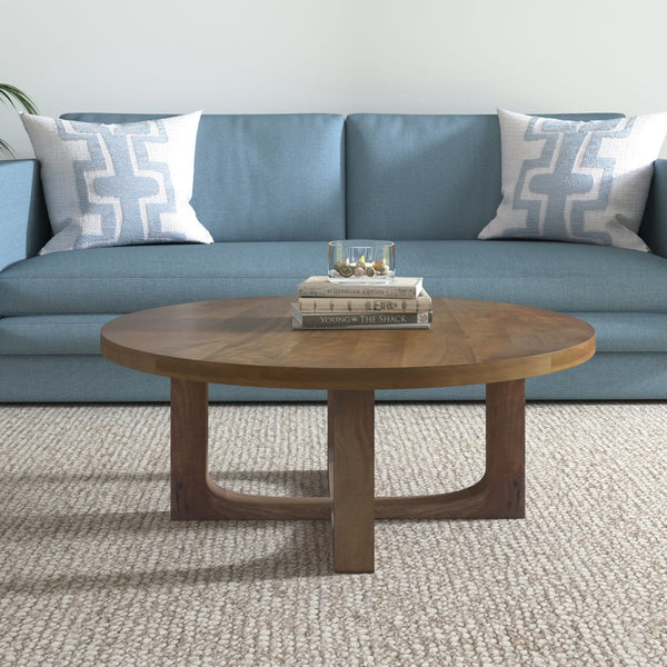 HomeRoots 36" Brown Solid Wood Round Coffee Table with Cross Legs - Timeless Design for Any Space! 606250
