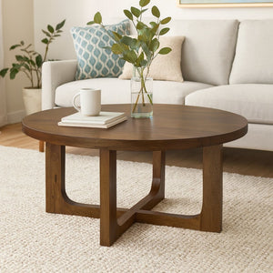 HomeRoots 36" Brown Solid Wood Round Coffee Table with Cross Legs - Timeless Design for Any Space! 606250