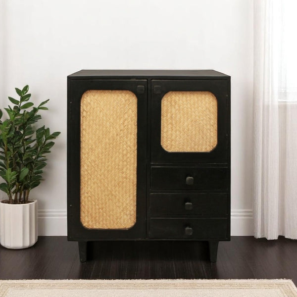 HomeRoots 32" Black Distressed Solid Wood Sideboard - Stylish Three Drawer Storage Cabinet for Any Room 606264