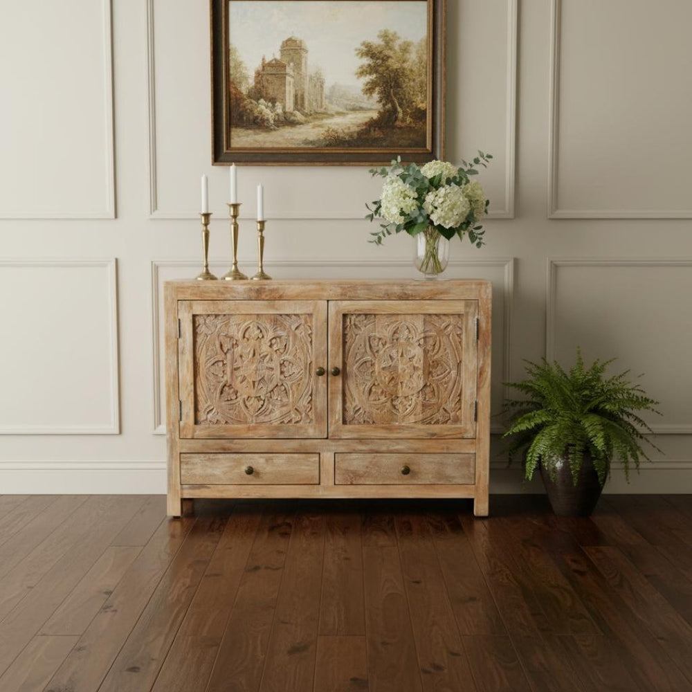 HomeRoots 48" White Distressed Solid Wood Sideboard with Floral Carvings - Stylish Storage for Any Room 606267