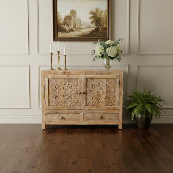 HomeRoots 48" White Distressed Solid Wood Sideboard with Floral Carvings - Stylish Storage for Any Room 606267