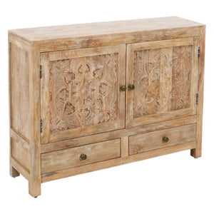 HomeRoots 48" White Distressed Solid Wood Sideboard with Floral Carvings - Stylish Storage for Any Room 606267