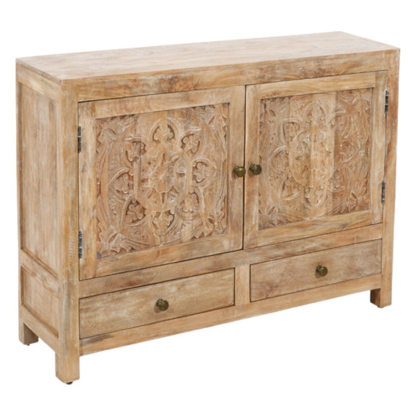 HomeRoots 48" White Distressed Solid Wood Sideboard with Floral Carvings - Stylish Storage for Any Room 606267