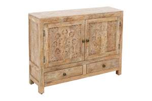 HomeRoots 48" White Distressed Solid Wood Sideboard with Floral Carvings - Stylish Storage for Any Room 606267