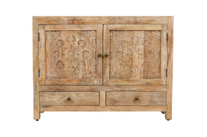 HomeRoots 48" White Distressed Solid Wood Sideboard with Floral Carvings - Stylish Storage for Any Room 606267