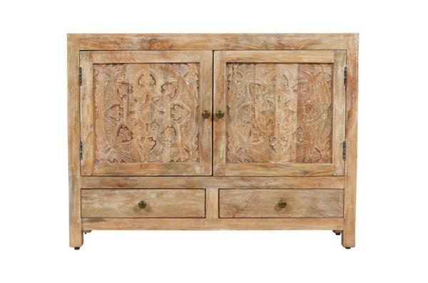 HomeRoots 48" White Distressed Solid Wood Sideboard with Floral Carvings - Stylish Storage for Any Room 606267