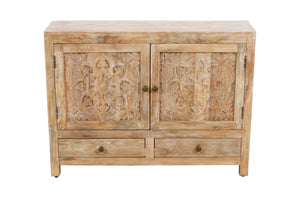 HomeRoots 48" White Distressed Solid Wood Sideboard with Floral Carvings - Stylish Storage for Any Room 606267
