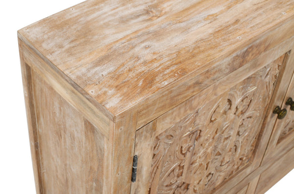HomeRoots 48" White Distressed Solid Wood Sideboard with Floral Carvings - Stylish Storage for Any Room 606267