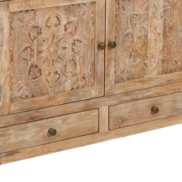 HomeRoots 48" White Distressed Solid Wood Sideboard with Floral Carvings - Stylish Storage for Any Room 606267