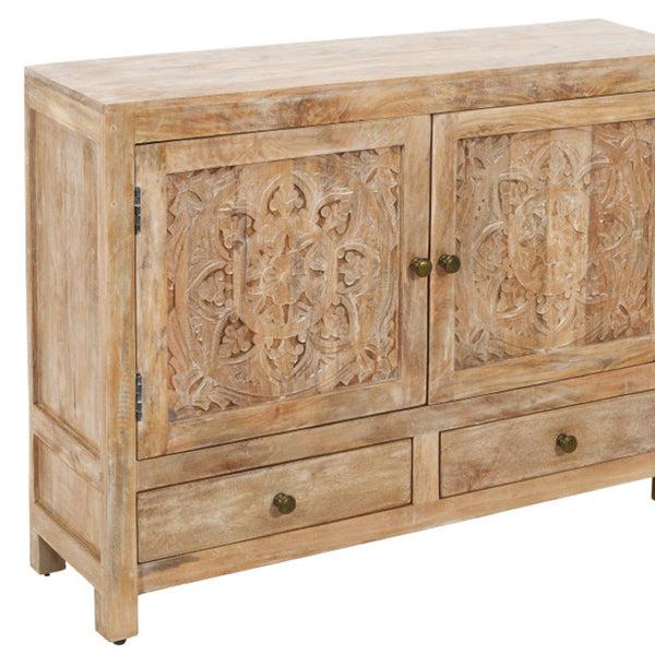 HomeRoots 48" White Distressed Solid Wood Sideboard with Floral Carvings - Stylish Storage for Any Room 606267