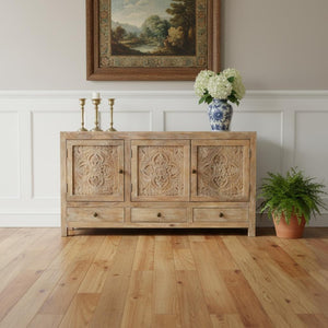 HomeRoots 64" White Distressed Solid Wood Sideboard with Carved Floral Design and Ample Storage Solutions 606268
