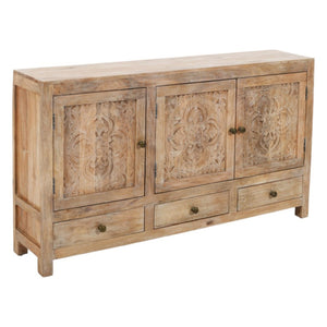 HomeRoots 64" White Distressed Solid Wood Sideboard with Carved Floral Design and Ample Storage Solutions 606268