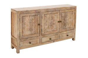 HomeRoots 64" White Distressed Solid Wood Sideboard with Carved Floral Design and Ample Storage Solutions 606268