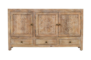HomeRoots 64" White Distressed Solid Wood Sideboard with Carved Floral Design and Ample Storage Solutions 606268