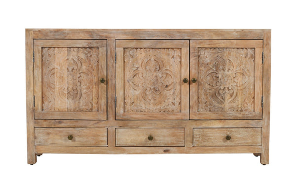 HomeRoots 64" White Distressed Solid Wood Sideboard with Carved Floral Design and Ample Storage Solutions 606268